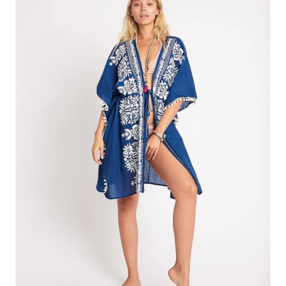 NEW Debbie Katz Malina Kimono Beach Swim Cover up Embroidered Navy Blue Large - Picture 1 of 5